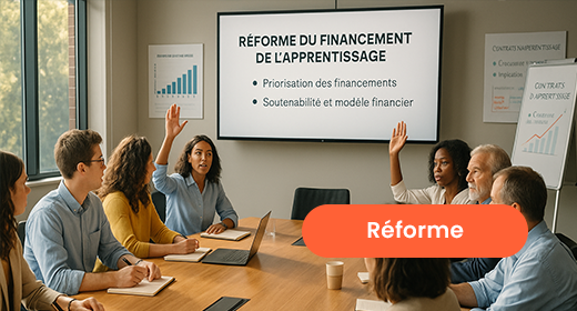 Personnes de divers âges et origines assises autour d’une table de réunion moderne, mains levées pour intervenir devant un grand écran affichant « Réforme du financement de l’apprentissage », avec graphiques et tableau blanc en arrière-plan.